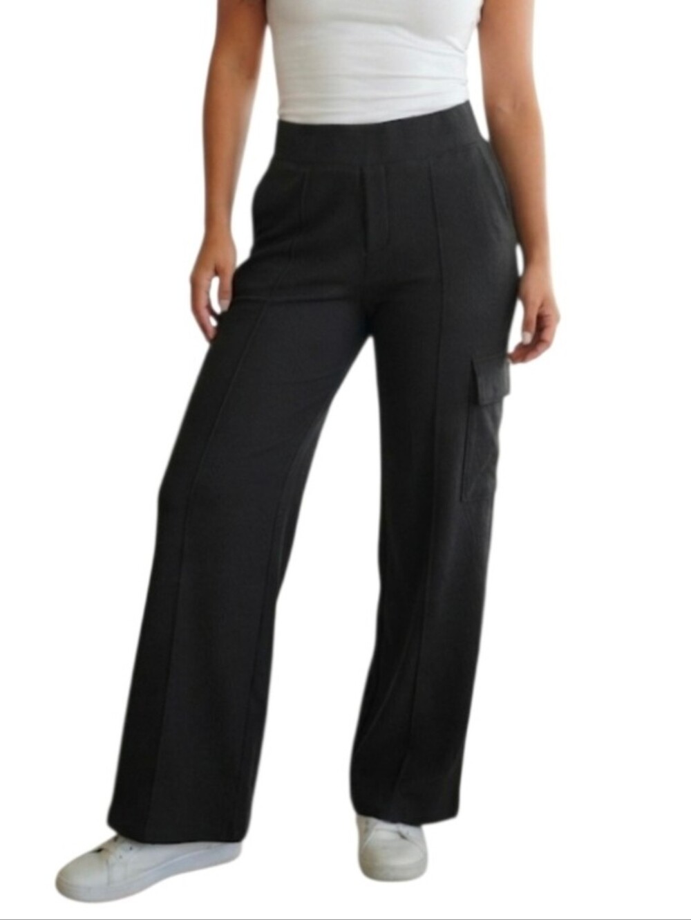 Move Theology Women's Black Ribbed Cargo Wide Leg Pants Size Large